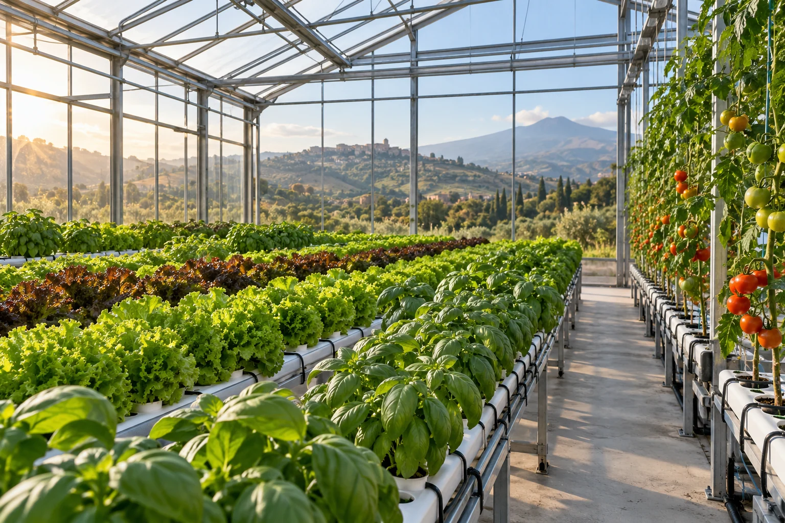 Concept visualization of a hydroponic greenhouse with leafy crops and tomatoes in a Sicilian landscape